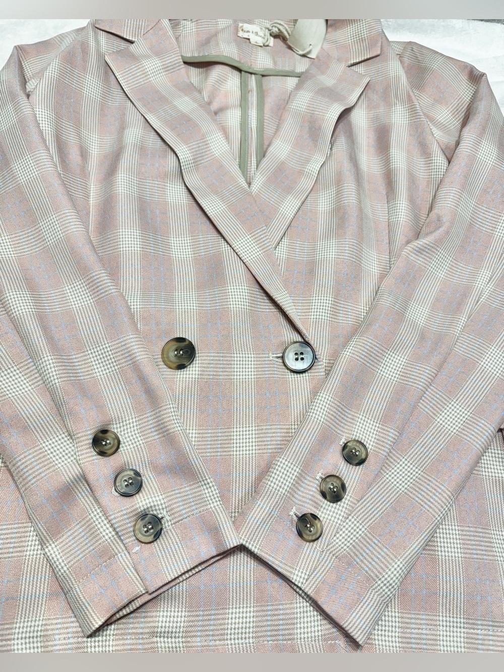 Hem & Thread Pink and Cream Plaid Double-Breasted Blazer Size Small - Picture 9 of 13